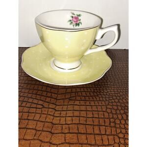 Brew to A Tea Pink Yellow Polka Dot Rose & Gold Trim Cup & Saucer
